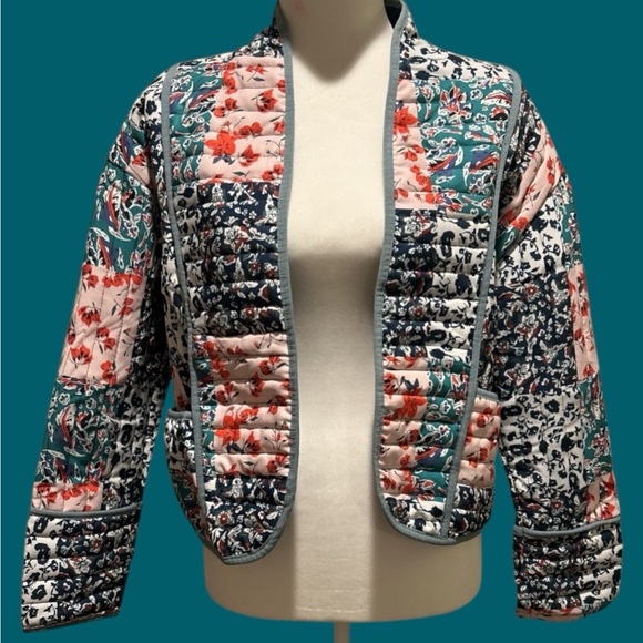 Warm Trendy Quilted Jacket Open Front Multi-Color All-Over Floral Print Small - Picture 2 of 16
